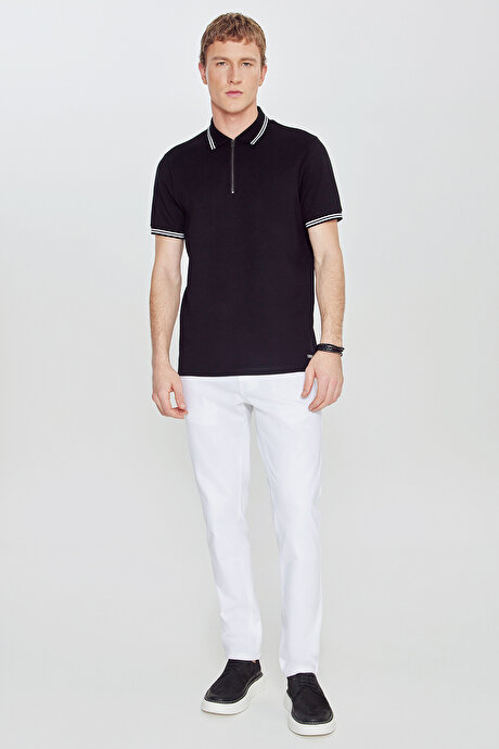 Slim Fit Dar Kesim Polo Yaka Esnek Siyah Tişört resmi