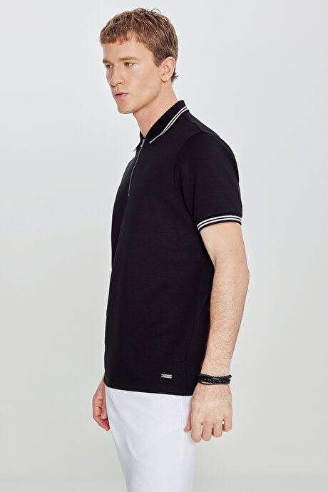 Slim Fit Dar Kesim Polo Yaka Esnek Siyah Tişört resmi