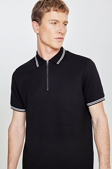 Slim Fit Dar Kesim Polo Yaka Esnek Siyah Tişört resmi