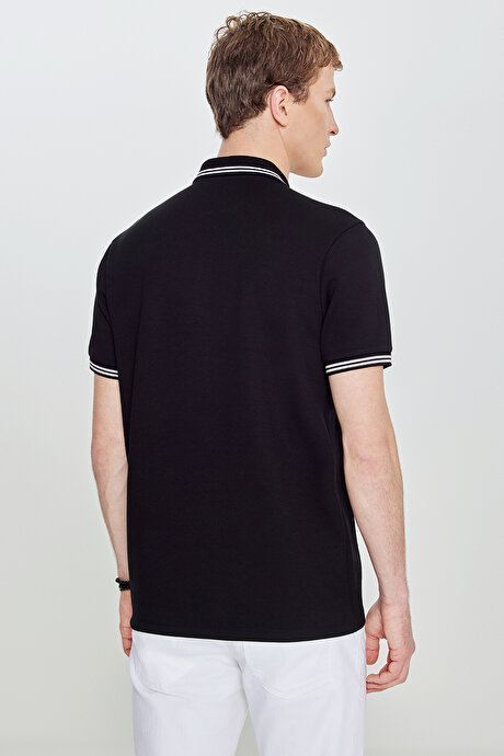 Slim Fit Dar Kesim Polo Yaka Esnek Siyah Tişört resmi