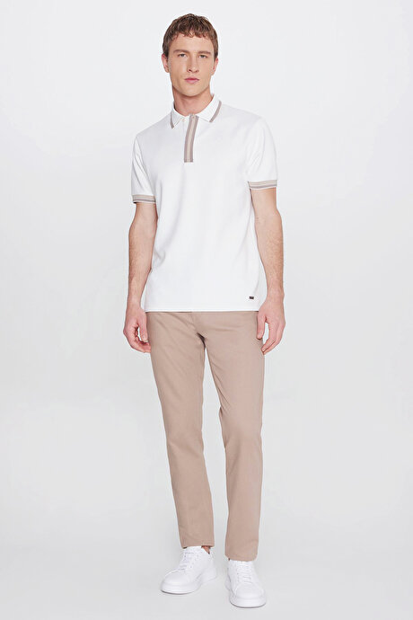Slim Fit Dar Kesim Polo Yaka Esnek Ekru Tişört resmi