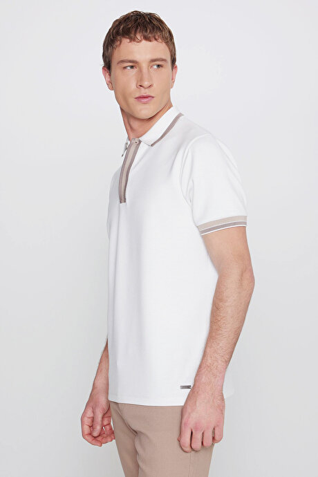 Slim Fit Dar Kesim Polo Yaka Esnek Ekru Tişört resmi