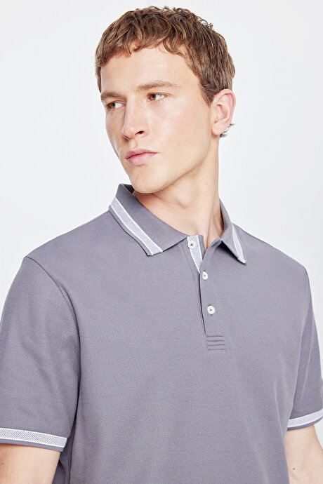 %100 Pamuk Comfort Fit Rahat Kesim Polo Yaka Antrasit Tişört resmi