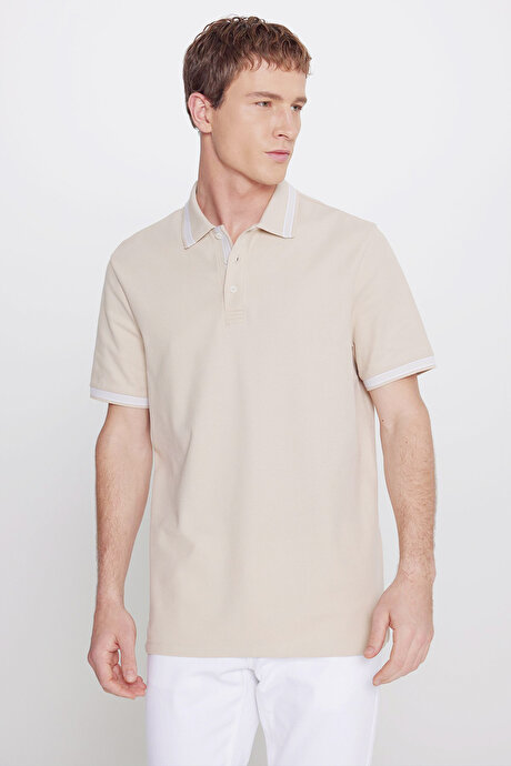 %100 Pamuk Comfort Fit Rahat Kesim Polo Yaka Bej Tişört resmi