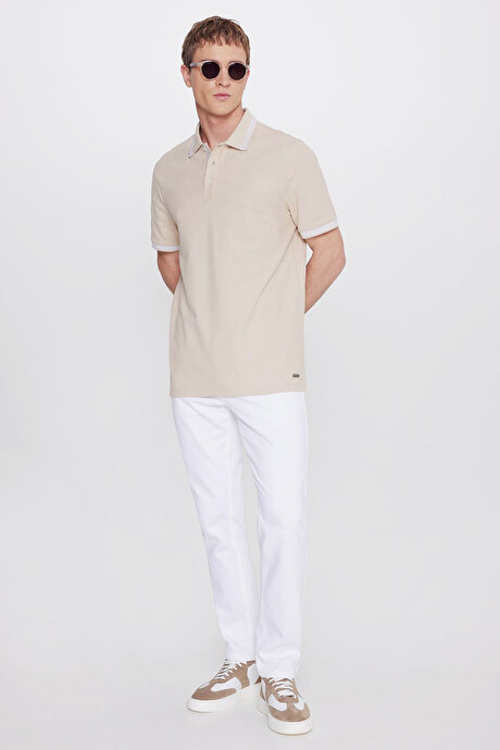 %100 Pamuk Comfort Fit Rahat Kesim Polo Yaka Bej Tişört resmi