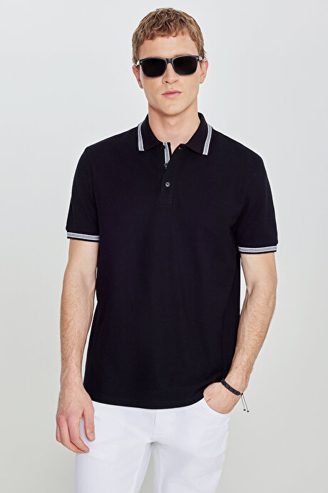 %100 Pamuk Comfort Fit Rahat Kesim Polo Yaka Siyah Tişört resmi