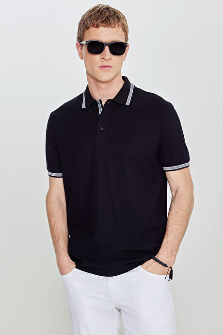 %100 Pamuk Comfort Fit Rahat Kesim Polo Yaka Siyah Tişört resmi