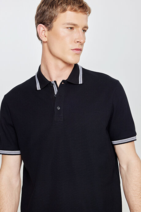 %100 Pamuk Comfort Fit Rahat Kesim Polo Yaka Siyah Tişört resmi