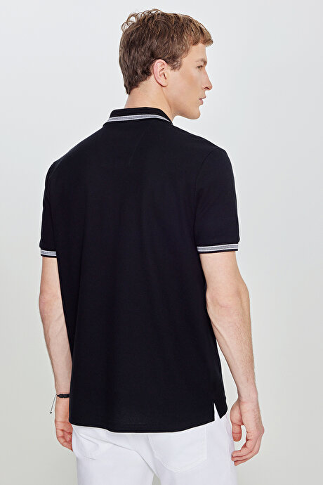%100 Pamuk Comfort Fit Rahat Kesim Polo Yaka Siyah Tişört resmi