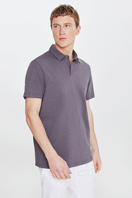 %100 Pamuk Comfort Fit Rahat Kesim Polo Yaka Antrasit Tişört resmi