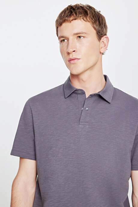 %100 Pamuk Comfort Fit Rahat Kesim Polo Yaka Antrasit Tişört resmi