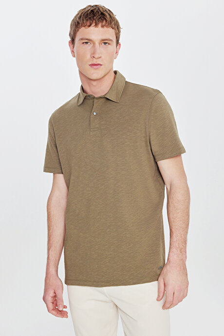 %100 Pamuk Comfort Fit Rahat Kesim Polo Yaka Haki Tişört resmi