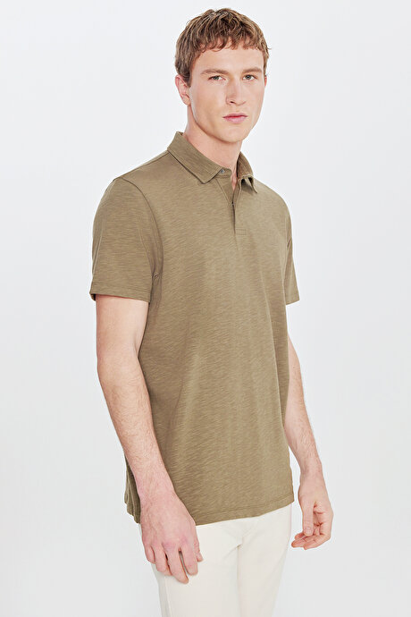 %100 Pamuk Comfort Fit Rahat Kesim Polo Yaka Haki Tişört resmi