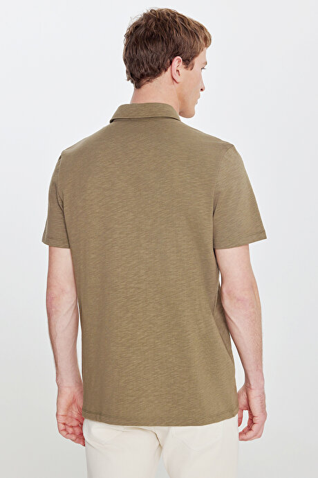 %100 Pamuk Comfort Fit Rahat Kesim Polo Yaka Haki Tişört resmi