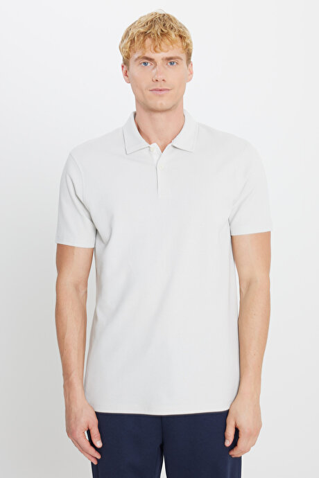 %100 Pamuk Slim Fit Dar Kesim Polo Yaka Jakarlı Ekru Tişört resmi