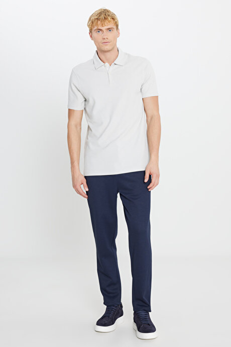 %100 Pamuk Slim Fit Dar Kesim Polo Yaka Jakarlı Ekru Tişört resmi