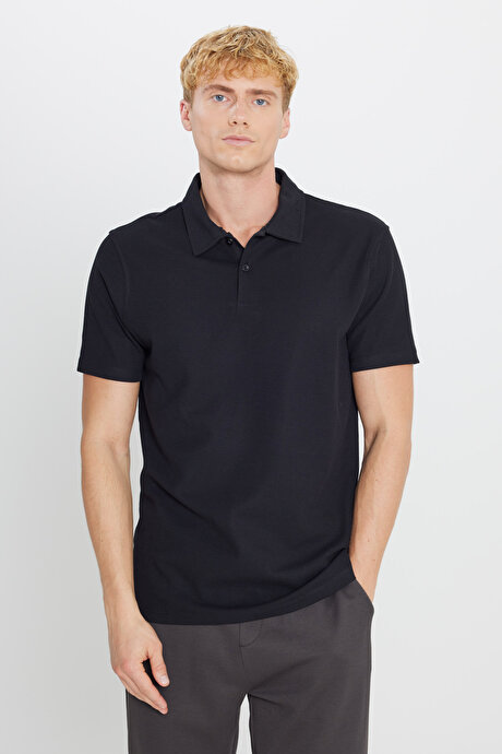 %100 Pamuk Slim Fit Dar Kesim Polo Yaka Jakarlı Siyah Tişört resmi