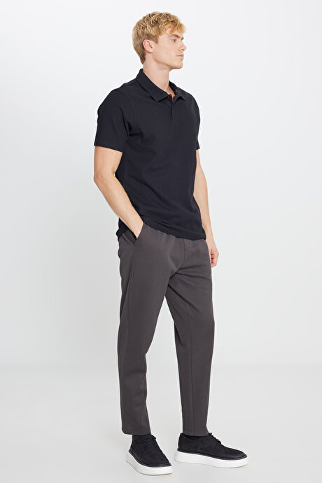%100 Pamuk Slim Fit Dar Kesim Polo Yaka Jakarlı Siyah Tişört resmi