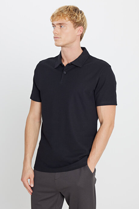 %100 Pamuk Slim Fit Dar Kesim Polo Yaka Jakarlı Siyah Tişört resmi