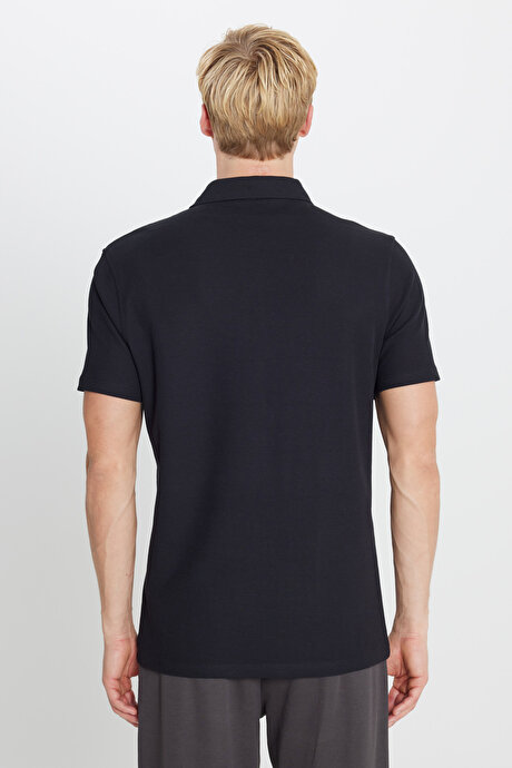 %100 Pamuk Slim Fit Dar Kesim Polo Yaka Jakarlı Siyah Tişört resmi