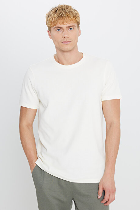 %100 Pamuk Slim Fit Dar Kesim Bisiklet Yaka Jakarlı Ekru Tişört resmi