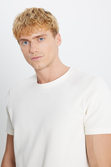 %100 Pamuk Slim Fit Dar Kesim Bisiklet Yaka Jakarlı Ekru Tişört resmi