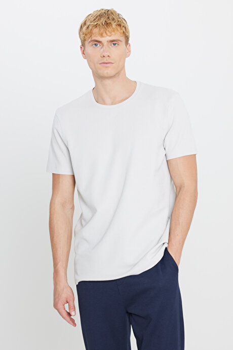 %100 Pamuk Slim Fit Dar Kesim Bisiklet Yaka Jakarlı Gri Tişört resmi