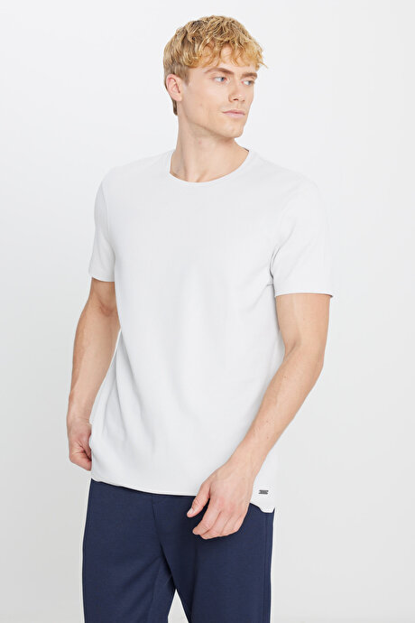 %100 Pamuk Slim Fit Dar Kesim Bisiklet Yaka Jakarlı Gri Tişört resmi