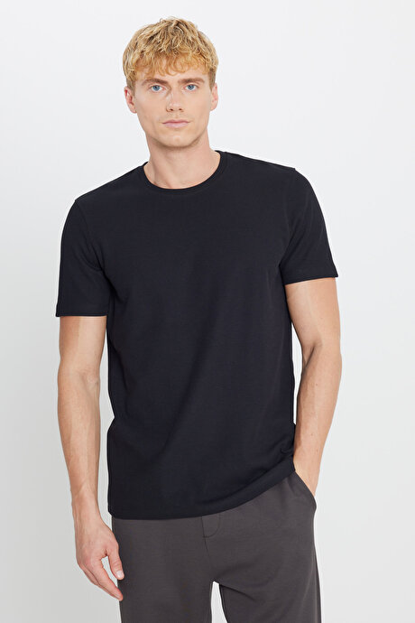 %100 Pamuk Slim Fit Dar Kesim Bisiklet Yaka Jakarlı Siyah Tişört resmi