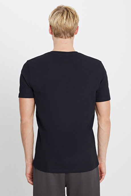 %100 Pamuk Slim Fit Dar Kesim Bisiklet Yaka Jakarlı Siyah Tişört resmi