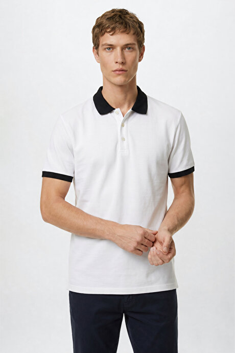 %100 Pamuk Slim Fit Dar Kesim Polo Yaka Beyaz-Lacivert Tişört resmi
