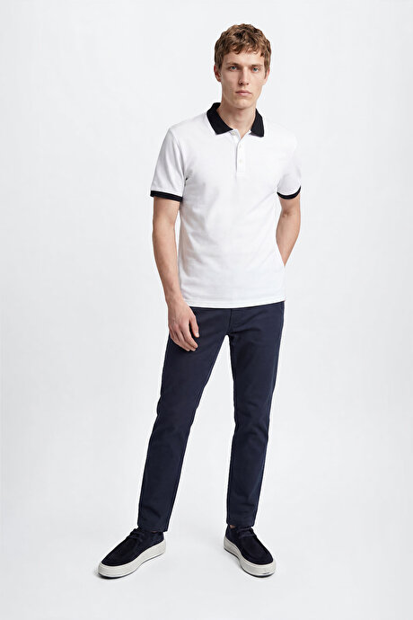 %100 Pamuk Slim Fit Dar Kesim Polo Yaka Beyaz-Lacivert Tişört resmi