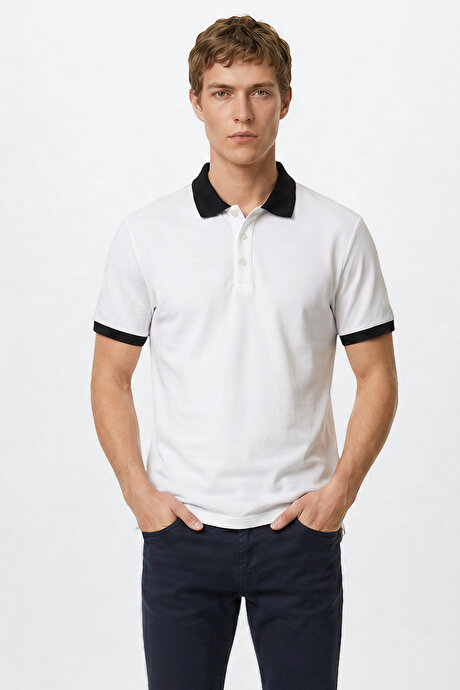 %100 Pamuk Slim Fit Dar Kesim Polo Yaka Beyaz-Lacivert Tişört resmi