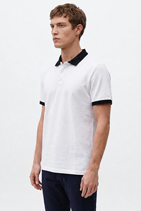 %100 Pamuk Slim Fit Dar Kesim Polo Yaka Beyaz-Lacivert Tişört resmi