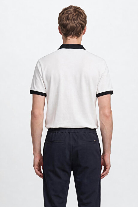 %100 Pamuk Slim Fit Dar Kesim Polo Yaka Beyaz-Lacivert Tişört resmi