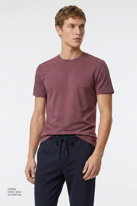 Pamuklu Slim Fit Dar Kesim Bisiklet Yaka Bordo Tişört resmi