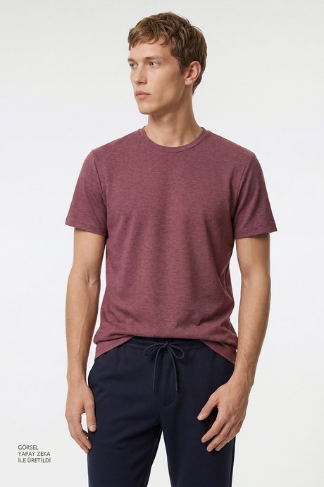 Pamuklu Slim Fit Dar Kesim Bisiklet Yaka Bordo Tişört resmi