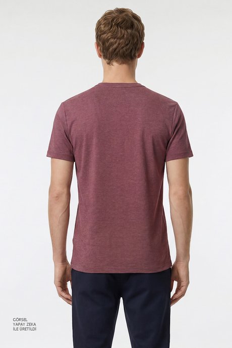 Pamuklu Slim Fit Dar Kesim Bisiklet Yaka Bordo Tişört resmi
