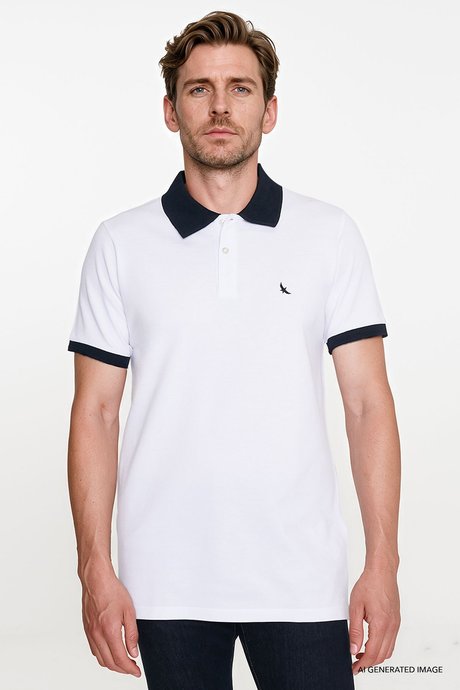 %100 Pamuk Slim Fit Dar Kesim Polo Yaka Beyaz-Lacivert Tişört resmi