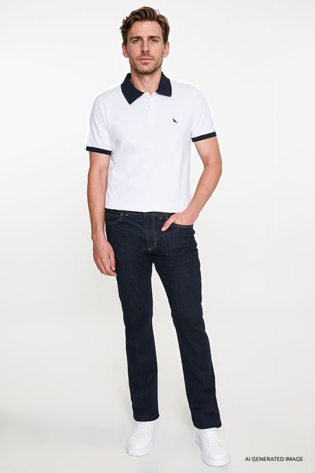 %100 Pamuk Slim Fit Dar Kesim Polo Yaka Beyaz-Lacivert Tişört resmi