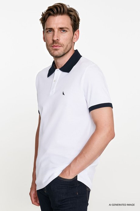 %100 Pamuk Slim Fit Dar Kesim Polo Yaka Beyaz-Lacivert Tişört resmi