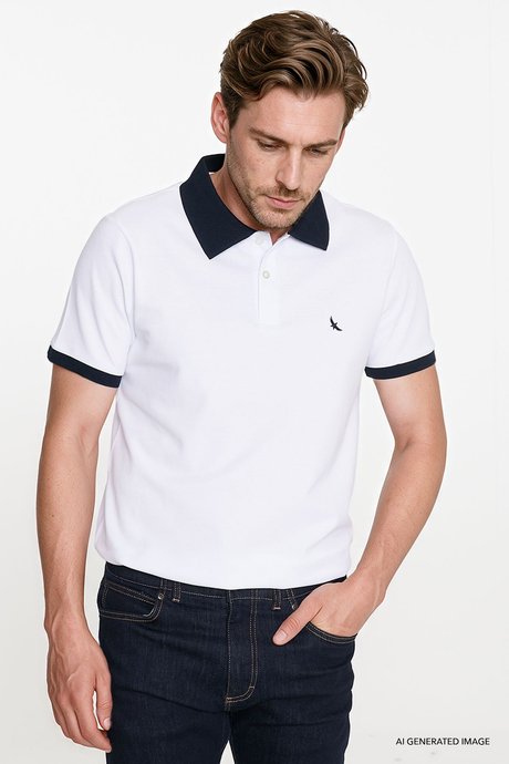 %100 Pamuk Slim Fit Dar Kesim Polo Yaka Beyaz-Lacivert Tişört resmi