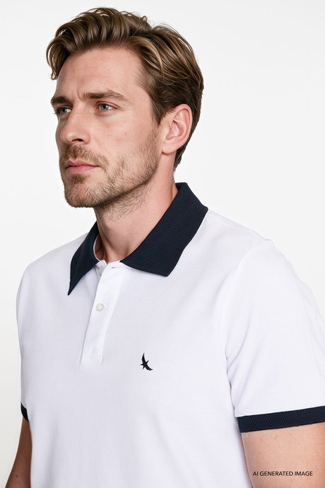 %100 Pamuk Slim Fit Dar Kesim Polo Yaka Beyaz-Lacivert Tişört resmi