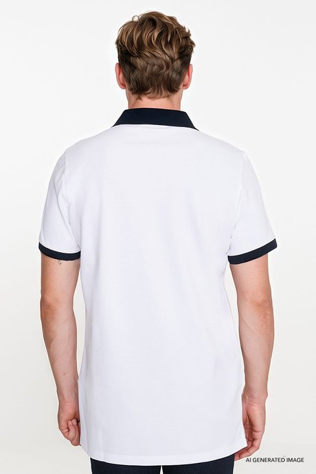 %100 Pamuk Slim Fit Dar Kesim Polo Yaka Beyaz-Lacivert Tişört resmi