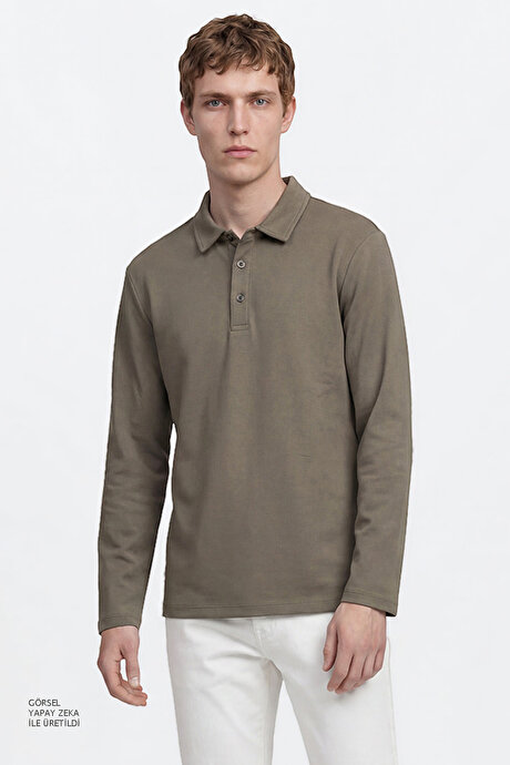 Pamuklu Slim Fit Dar Kesim Polo Yaka Uzun Kollu Esnek Haki Uzun Kollu Tişört resmi