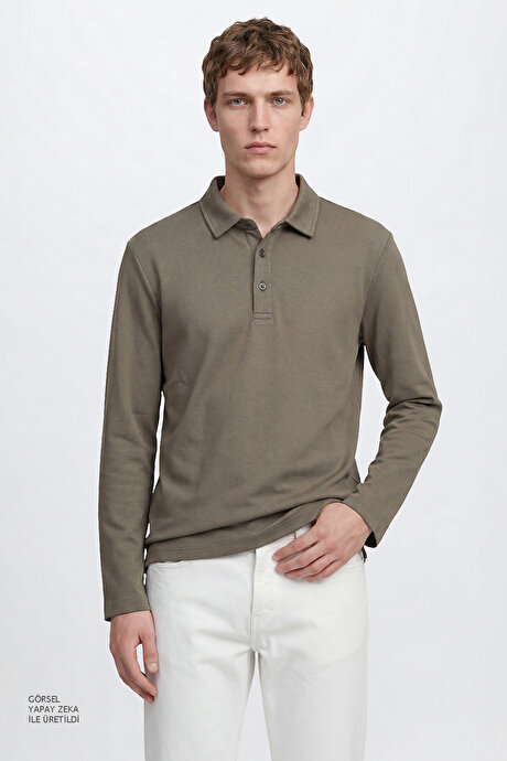 Pamuklu Slim Fit Dar Kesim Polo Yaka Uzun Kollu Esnek Haki Uzun Kollu Tişört resmi