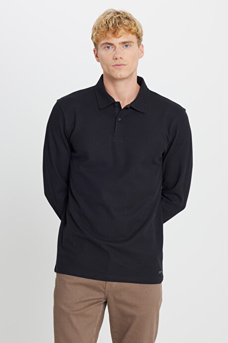 %100 Pamuk Slim Fit Dar Kesim Polo Yaka Jakarlı Siyah Uzun Kollu Tişört resmi