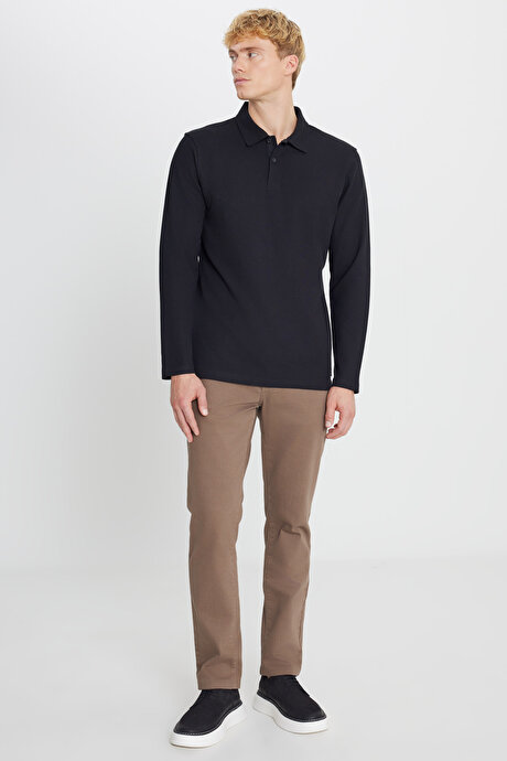 %100 Pamuk Slim Fit Dar Kesim Polo Yaka Jakarlı Siyah Uzun Kollu Tişört resmi