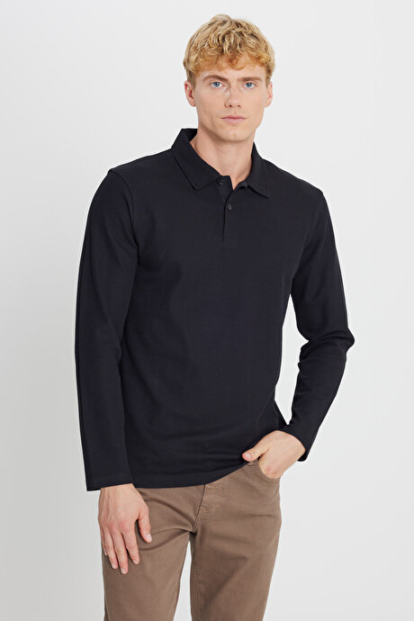 %100 Pamuk Slim Fit Dar Kesim Polo Yaka Jakarlı Siyah Uzun Kollu Tişört resmi