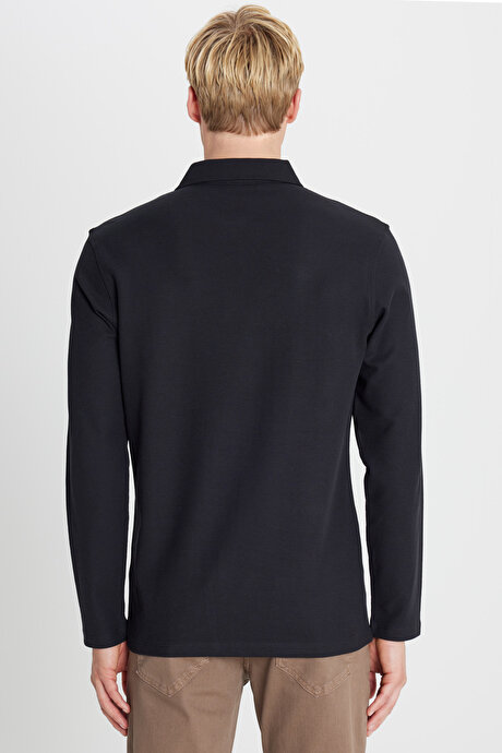 %100 Pamuk Slim Fit Dar Kesim Polo Yaka Jakarlı Siyah Uzun Kollu Tişört resmi